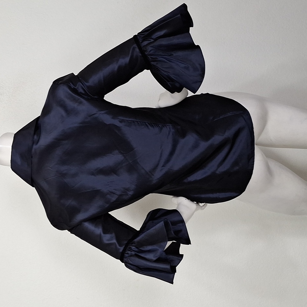 Naeem Khan Navy Blue 100% Silk Ruffle 3/4 Sleeves Button Front Blouse Size 8 - Picture 7 of 13